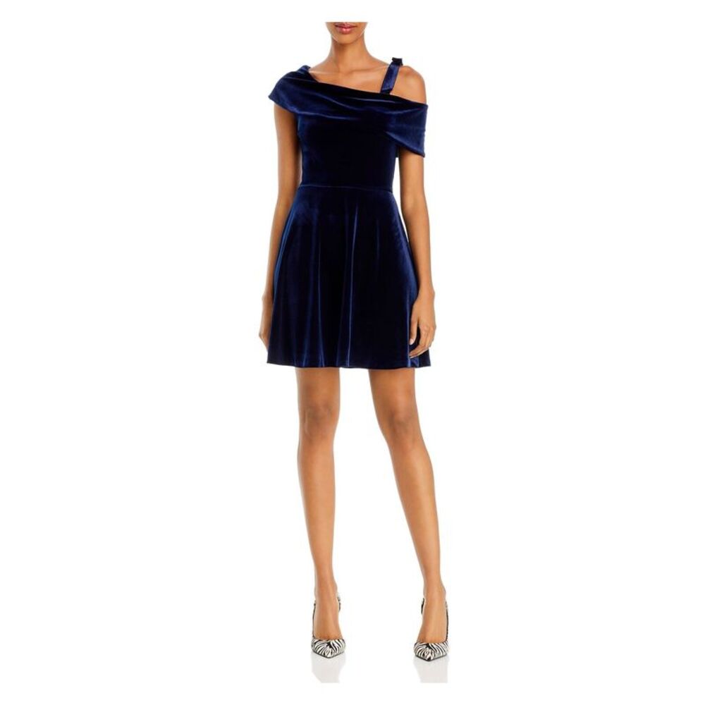 AQUA Womens Navy Asymmetrical Neckline Short Fit + Flare Party Dress Size: L - Picture 3 of 3